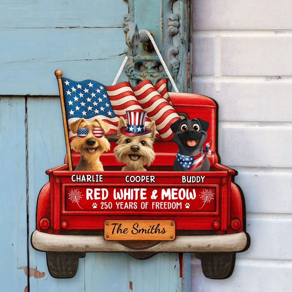 Personalized Patriotic Dog Wooden Sign, Red Truck With American Flags, Cute Funny Kitchen Decor, Unique Gift For Dog Lovers - Image 2