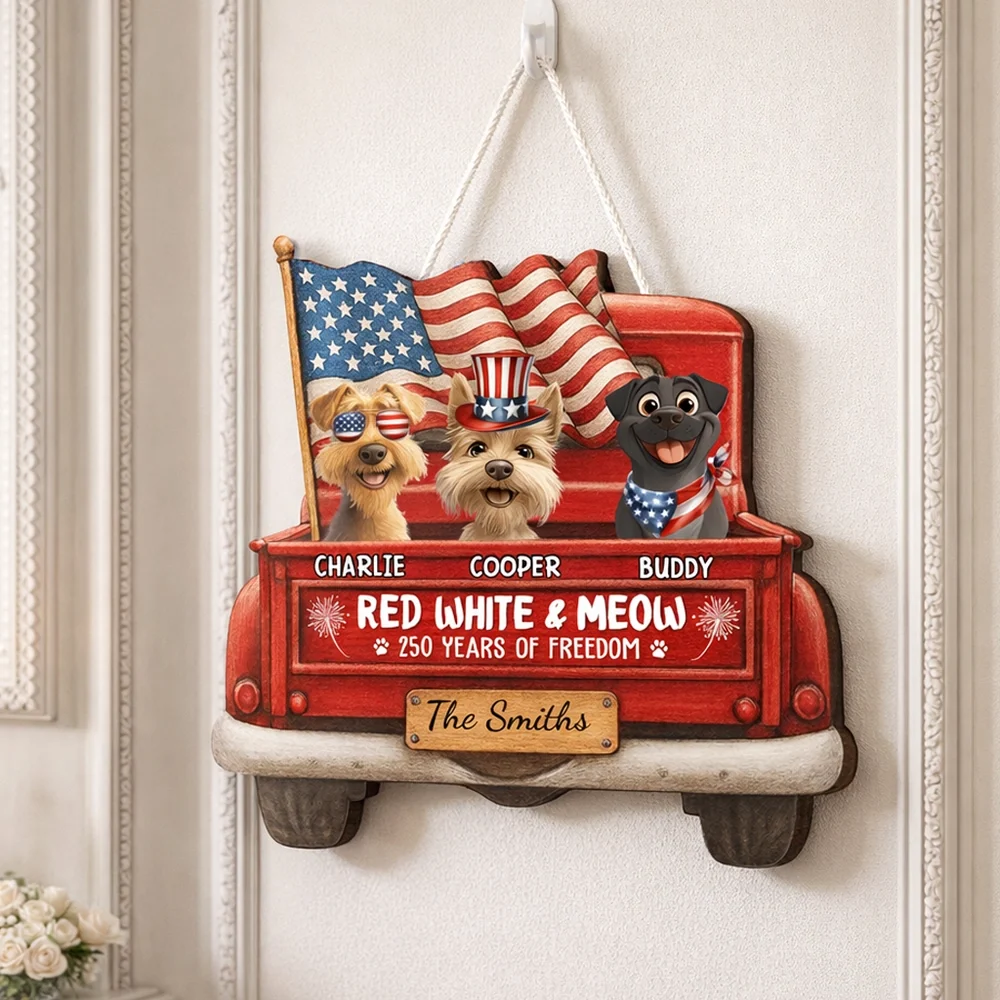 Personalized Patriotic Dog Wooden Sign, Red Truck With American Flags, Cute Funny Kitchen Decor, Unique Gift For Dog Lovers - Image 3