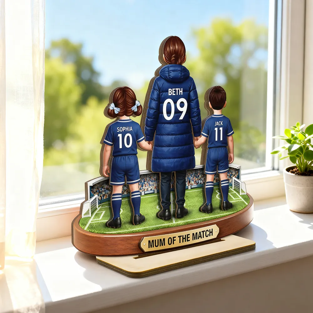 Personalized 2-Layer Wooden Plaque Soccer Mom and Kids Holding Hands Field Scene, Mum of the Match Unique Gift - Image 5