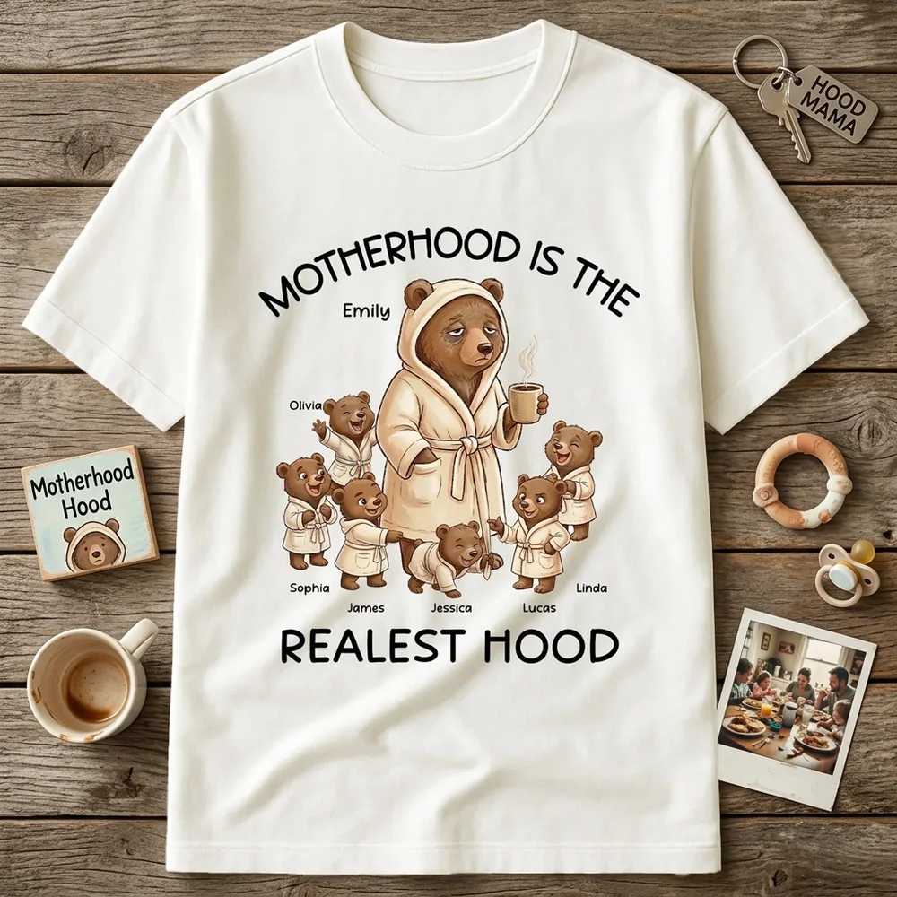 Personalized Mama Bear Classic Tee Motherhood Is The Realest Hood Cute Cartoon Gift for Mom
