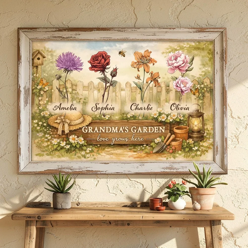 Personalized Grandma's Garden Flowers Poster, Vintage Cottagecore Wall Art, Unique Gift for Grandma or Mom