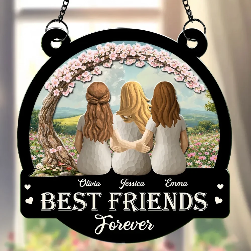 Personalized Wood and Acrylic Layered Ornament Best Friends Forever, Back View Hugging Friends in Wildflower Meadow, Unique Gift