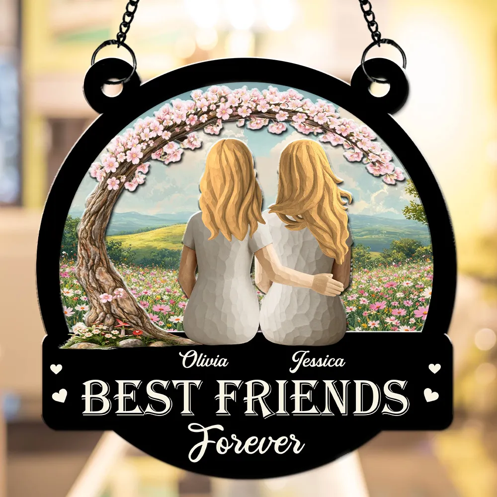 Personalized Wood and Acrylic Layered Ornament Best Friends Forever, Back View Hugging Friends in Wildflower Meadow, Unique Gift - Image 2