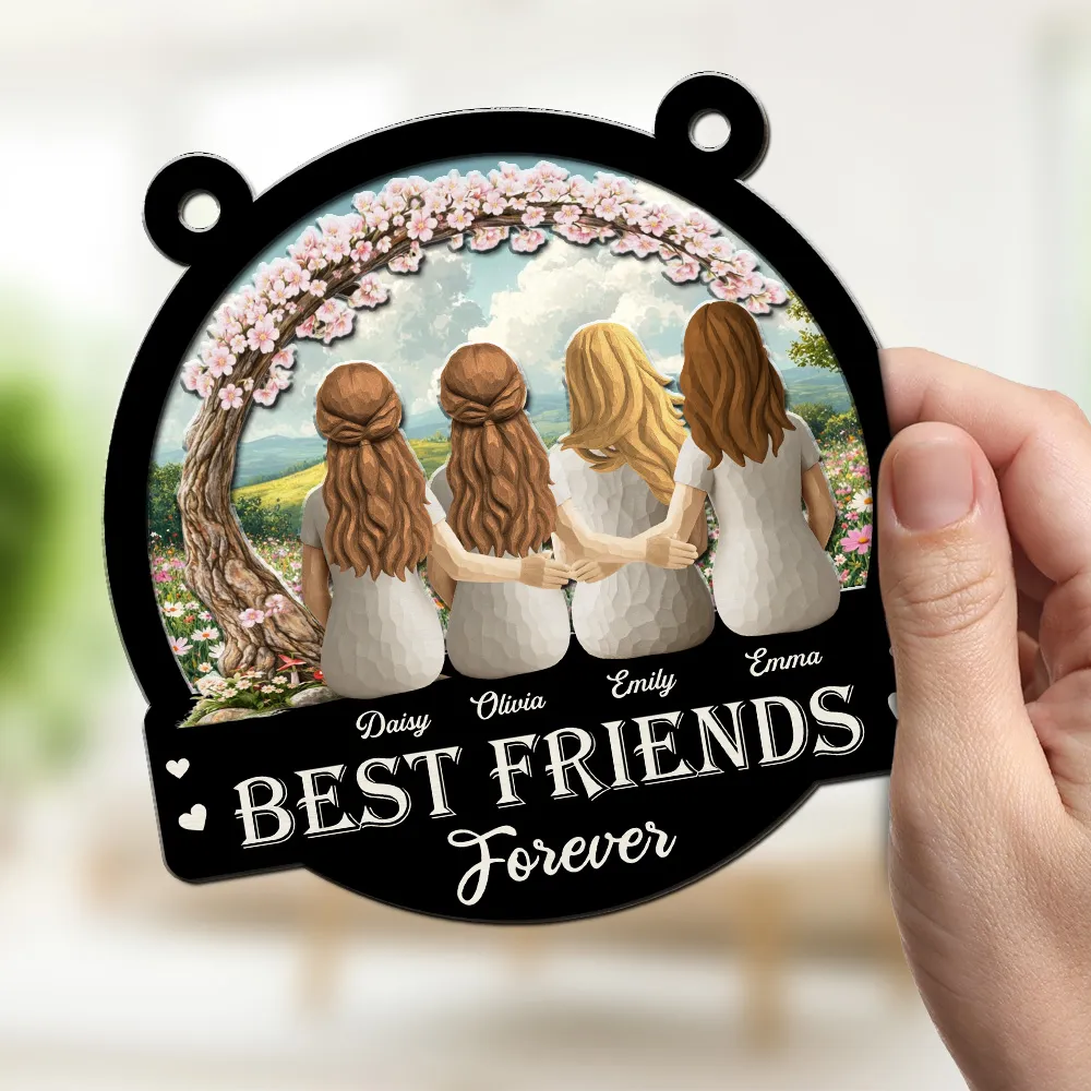 Personalized Wood and Acrylic Layered Ornament Best Friends Forever, Back View Hugging Friends in Wildflower Meadow, Unique Gift - Image 3
