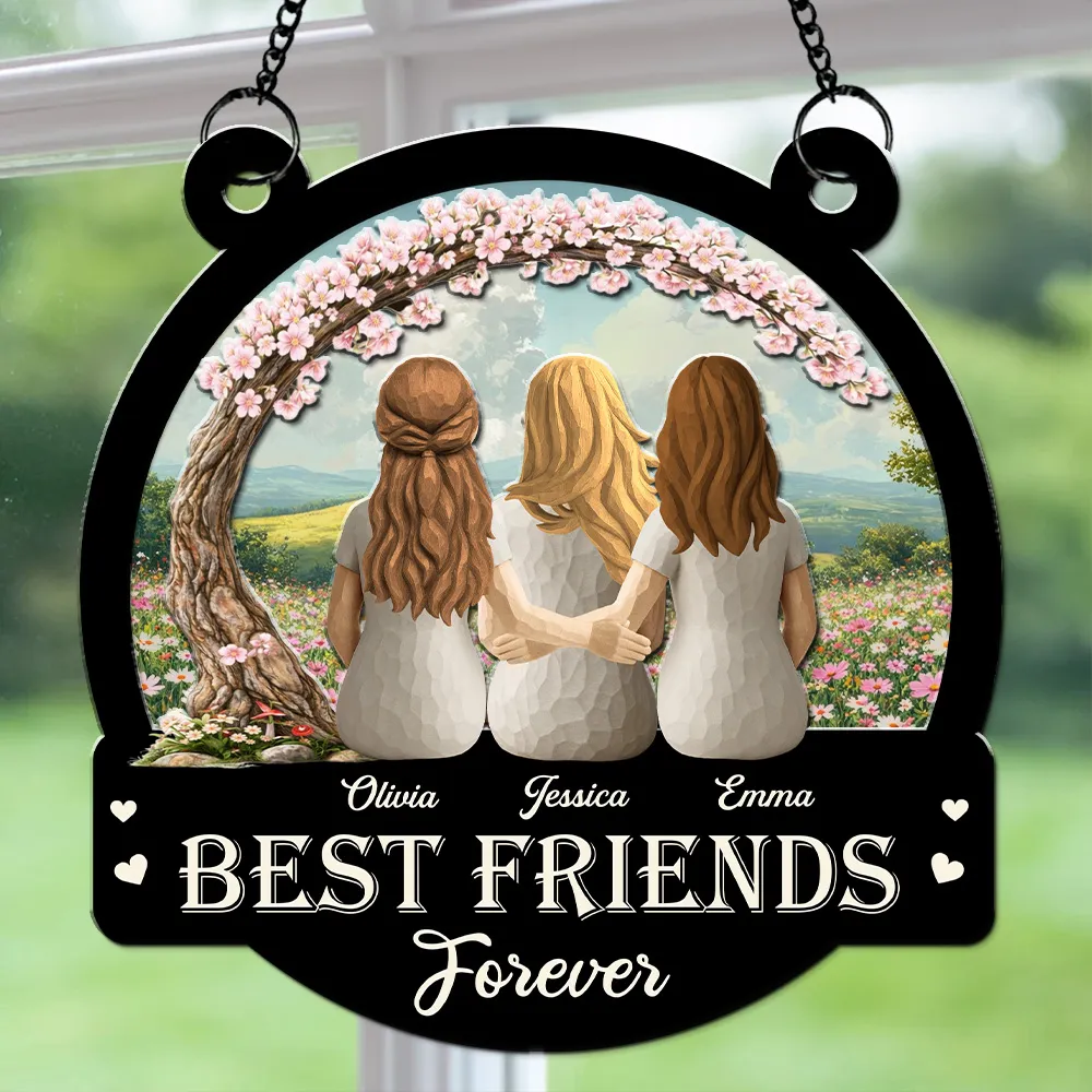 Personalized Wood and Acrylic Layered Ornament Best Friends Forever, Back View Hugging Friends in Wildflower Meadow, Unique Gift - Image 6