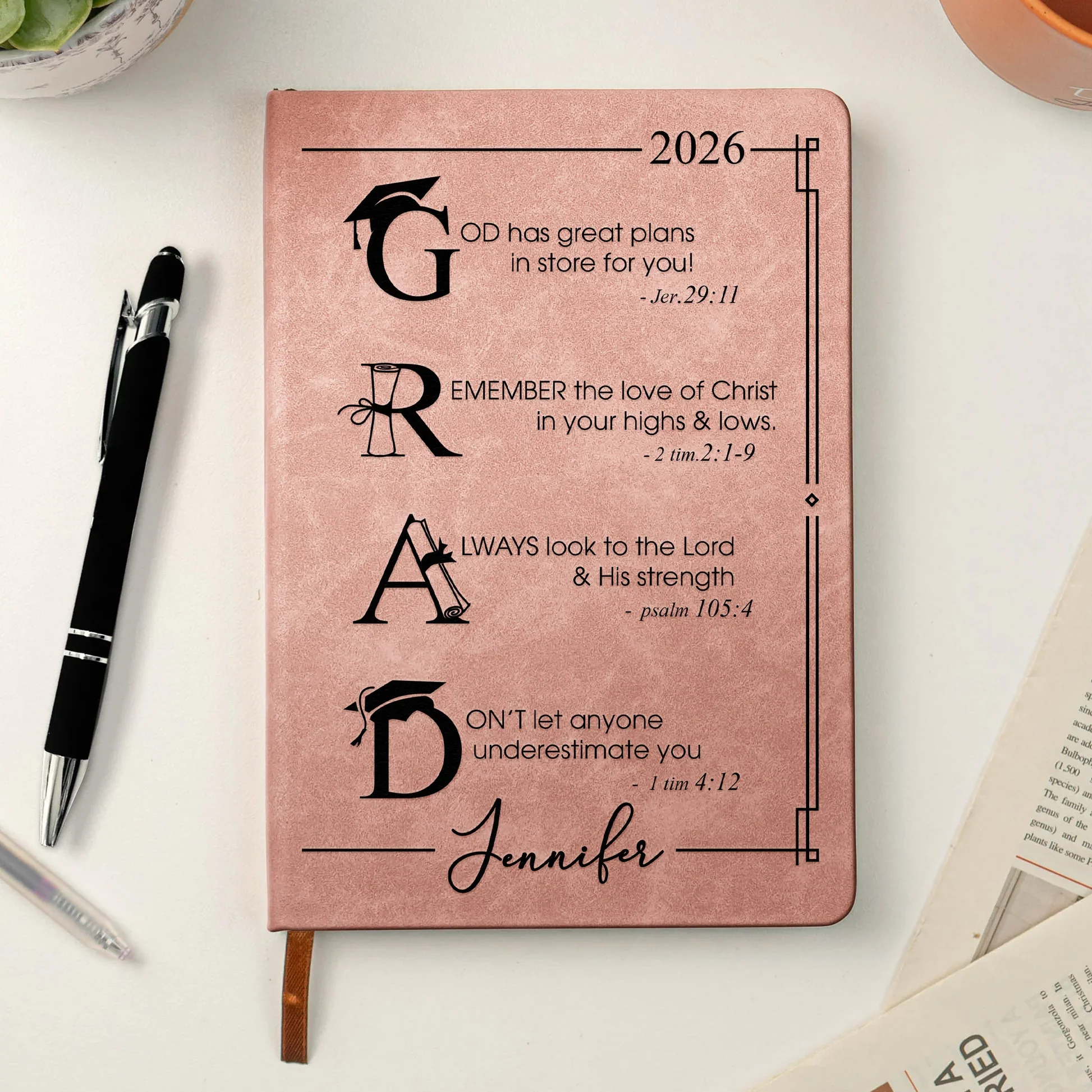 Personalized Leather Journal with Faith Graduation Quote, Unique Christian Gift for Her or Him - Image 3