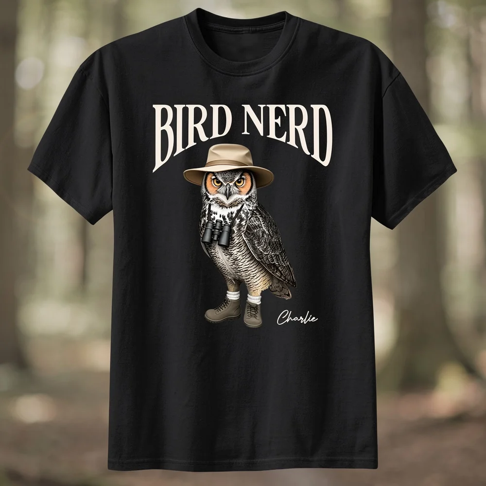 Personalized Bird Nerd Classic Tee with Owl in Hat and Binoculars, Funny Birdwatching Look, Unique Gift for Bird Lover