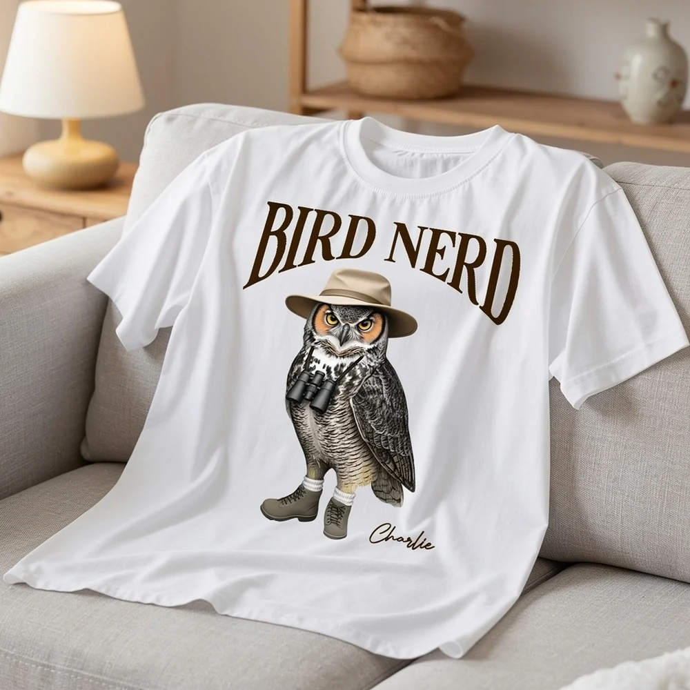 Personalized Bird Nerd Classic Tee with Owl in Hat and Binoculars, Funny Birdwatching Look, Unique Gift for Bird Lover - Image 3