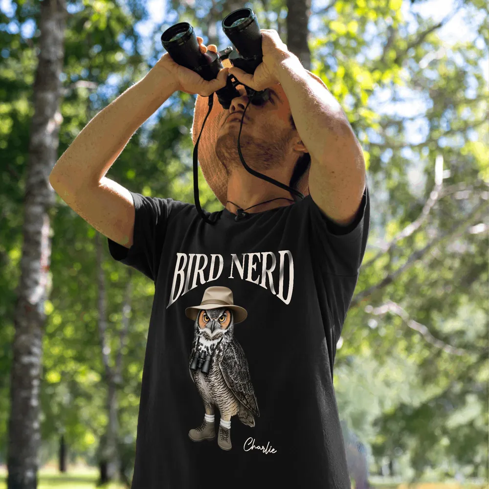 Personalized Bird Nerd Classic Tee with Owl in Hat and Binoculars, Funny Birdwatching Look, Unique Gift for Bird Lover - Image 4