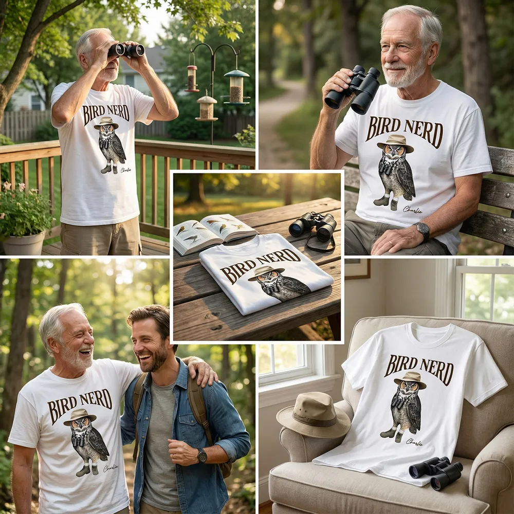 Personalized Bird Nerd Classic Tee with Owl in Hat and Binoculars, Funny Birdwatching Look, Unique Gift for Bird Lover - Image 5