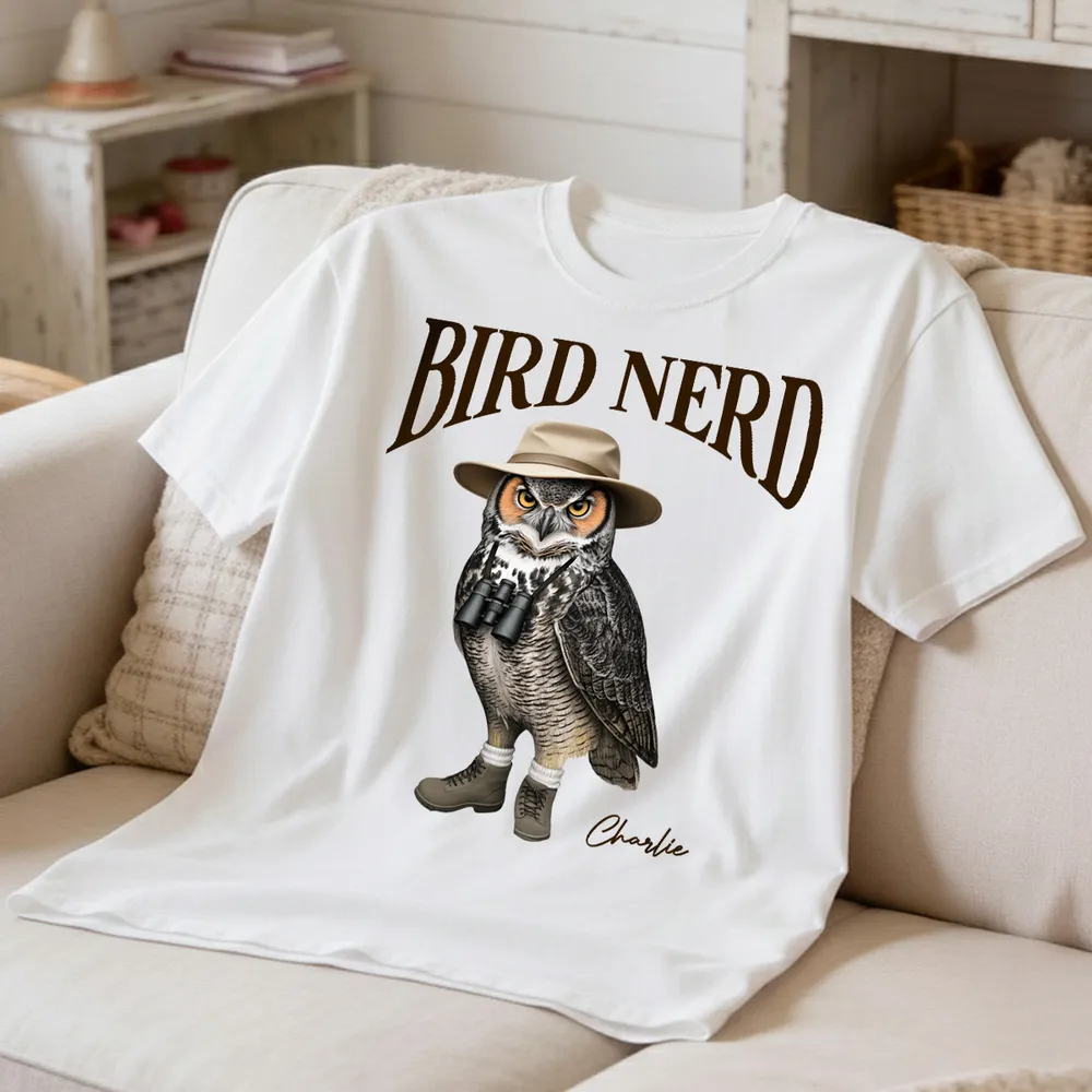 Personalized Bird Nerd Classic Tee with Owl in Hat and Binoculars, Funny Birdwatching Look, Unique Gift for Bird Lover - Image 7