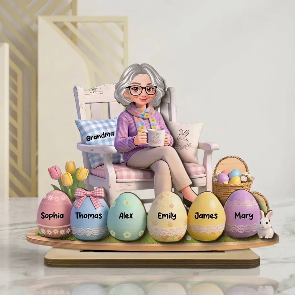 Personalized 2-Layer Wooden Plaque with Grandma and Easter Eggs, Custom Family Keepsake Gift for Grandma