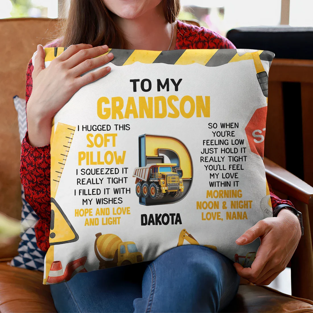 Personalized Construction Theme Square Pillow for Grandson, Cute Truck Initial Design, Unique Gift That Feels Like a Hug - Image 3