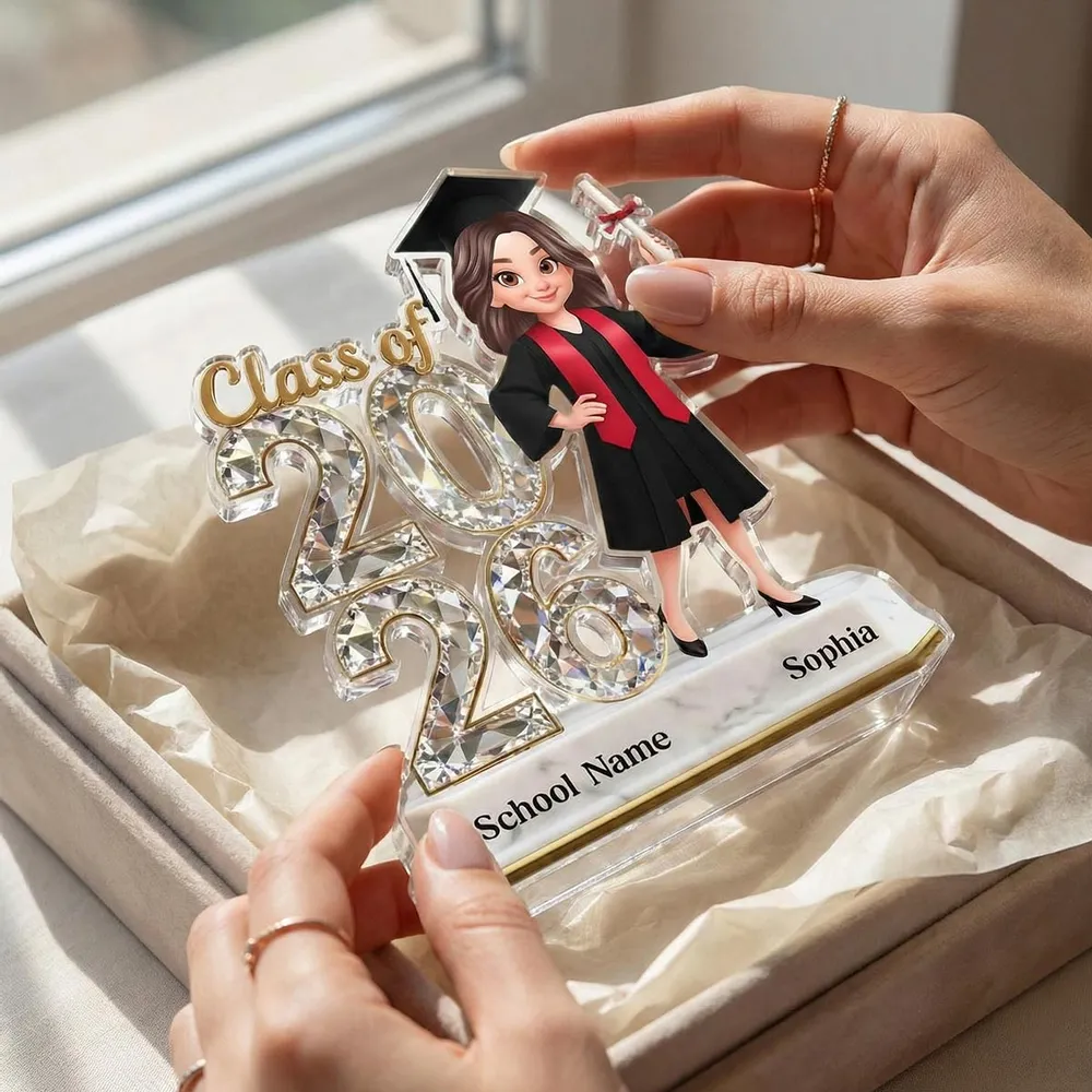 Shaped Acrylic Block Plaque Graduation Decor, Cute Cartoon Grad Holding Diploma, Personalized Keepsake Gift for Her - Image 6