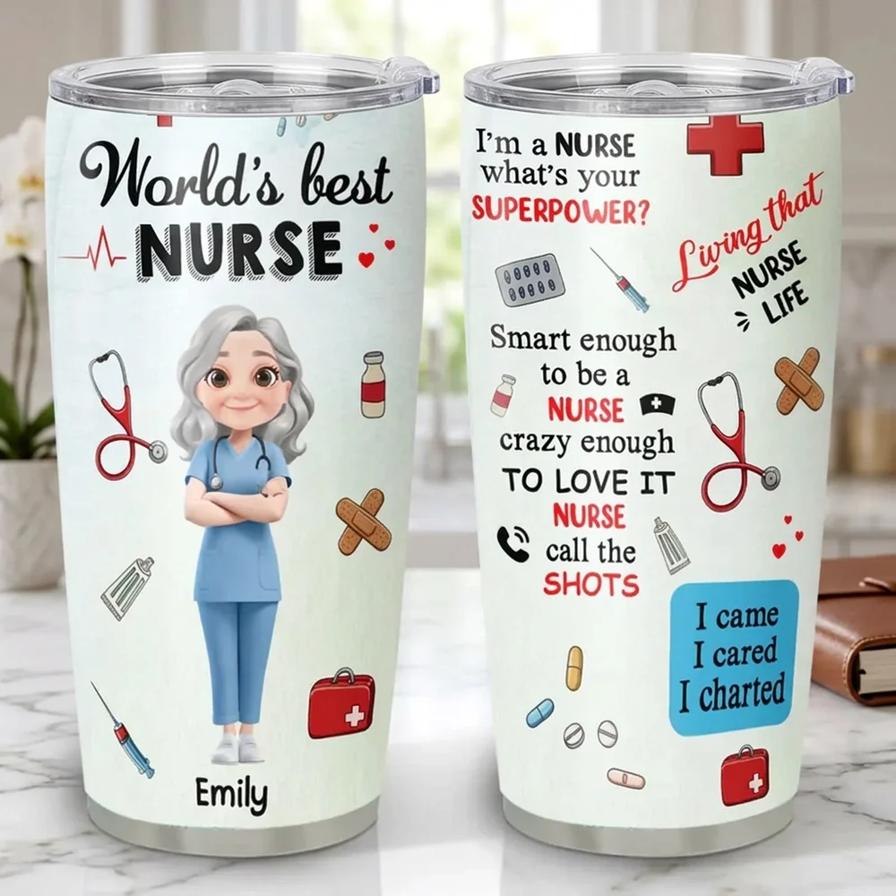 Personalized Insulated Travel Tumbler for Nurses - World's Best Nurse Cute Cartoon Design, Unique Gift for Her - Image 4