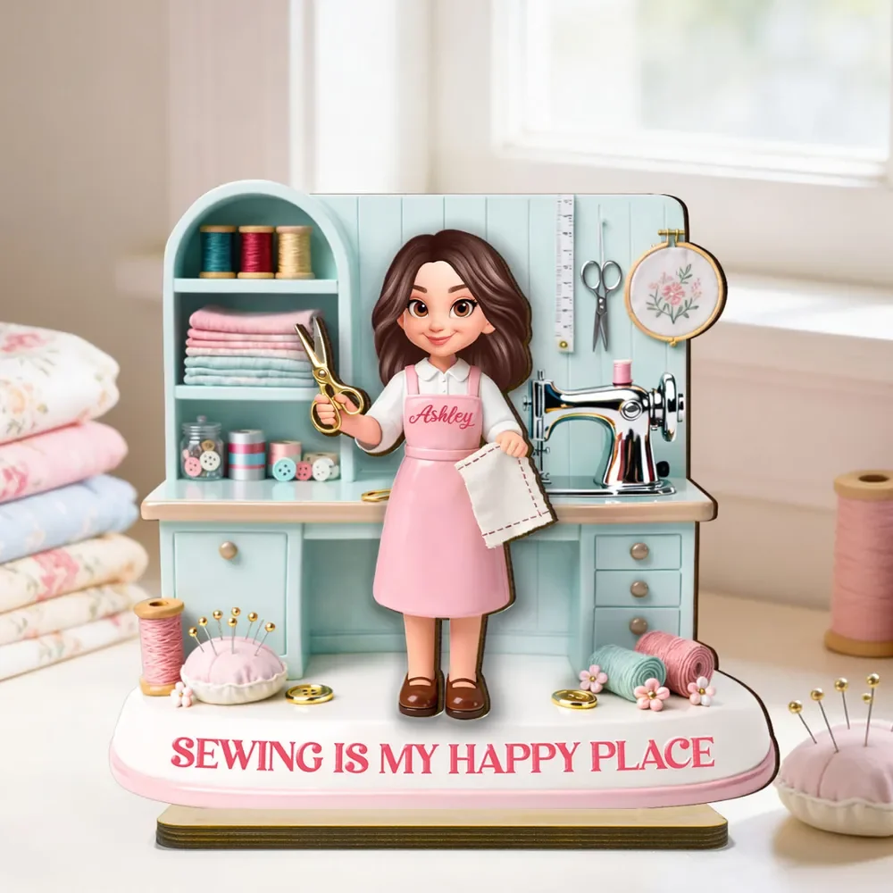 Personalized 2-Layer Wooden Plaque Sewing Is My Happy Place Cute Cartoon Sewing Room Scene, Unique Gift for Mom or Grandma - Image 3