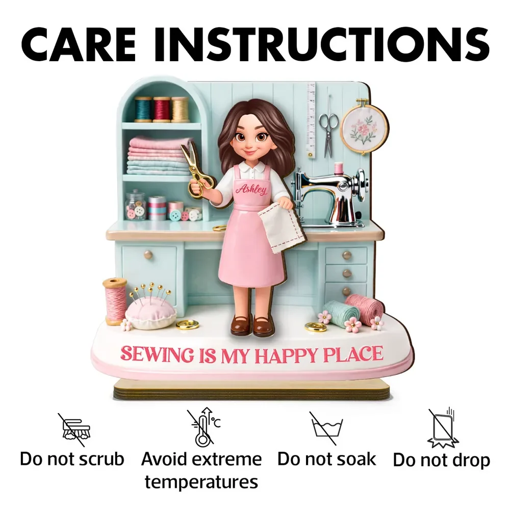 Personalized 2-Layer Wooden Plaque Sewing Is My Happy Place Cute Cartoon Sewing Room Scene, Unique Gift for Mom or Grandma - Image 5