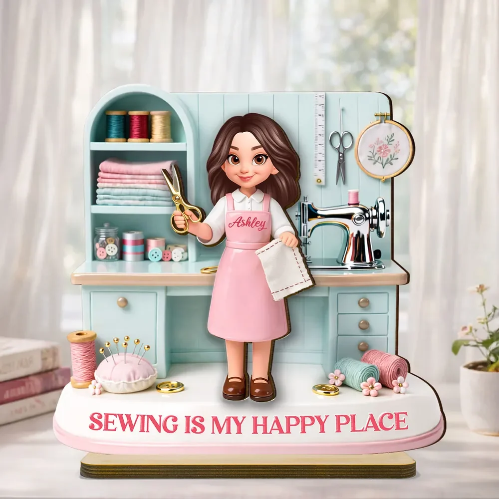 Personalized 2-Layer Wooden Plaque Sewing Is My Happy Place Cute Cartoon Sewing Room Scene, Unique Gift for Mom or Grandma - Image 7
