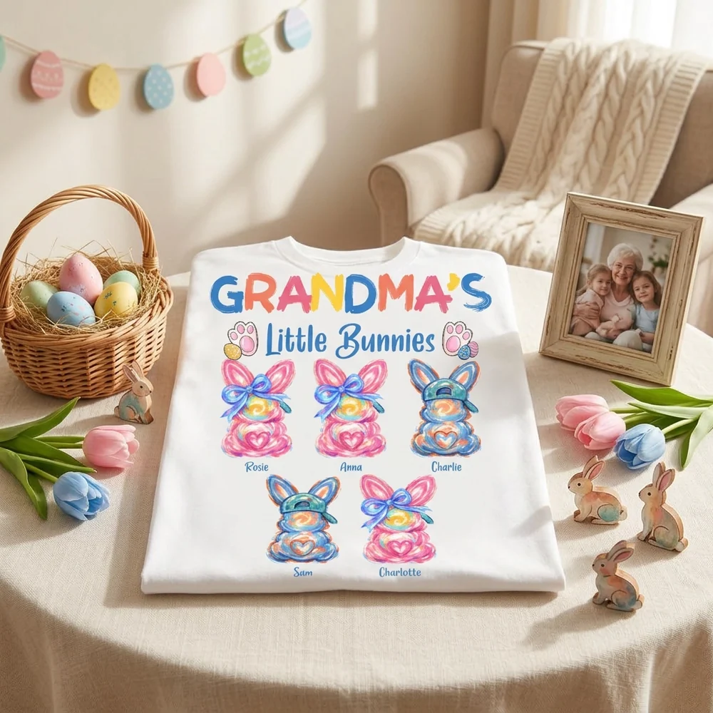 Personalized Grandma's Little Bunnies Classic Tee, Colorful Brushstroke Easter Gift for Grandma, Cute Custom Bunny Shirt