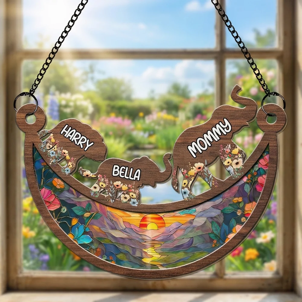 Personalized Elephant Family Wood and Acrylic Layered Ornament, Colorful Sunset Suncatcher Style, Unique Gift for Mom or Grandma
