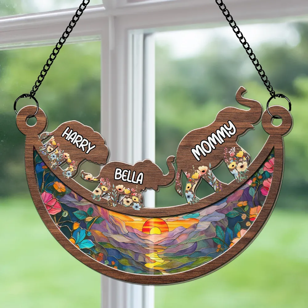 Personalized Elephant Family Wood and Acrylic Layered Ornament, Colorful Sunset Suncatcher Style, Unique Gift for Mom or Grandma - Image 6