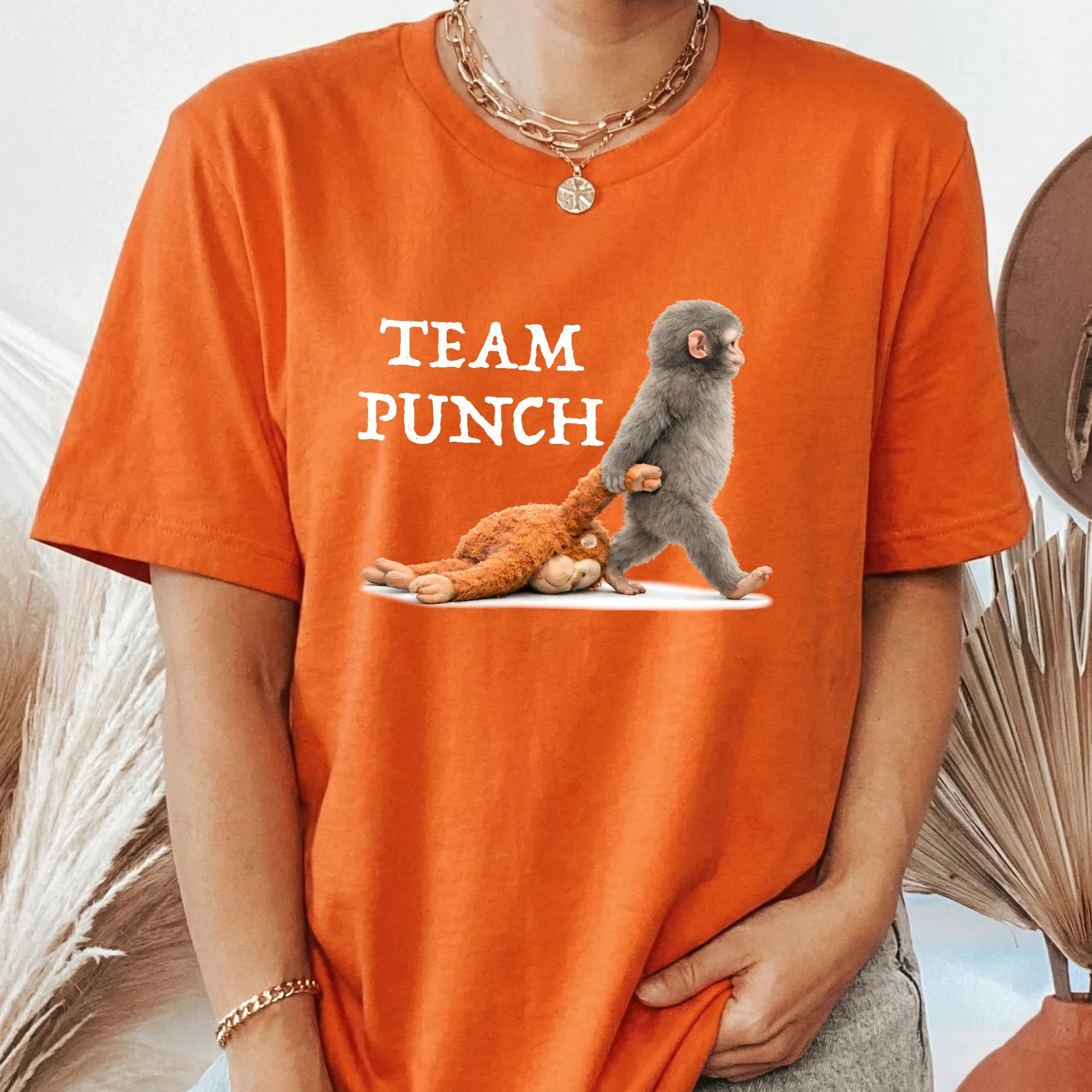 Team Punch Classic Tee Funny Baby Monkey Dragging Plush Shirt - Unique Creative Gift for Animal Lovers - Image 3