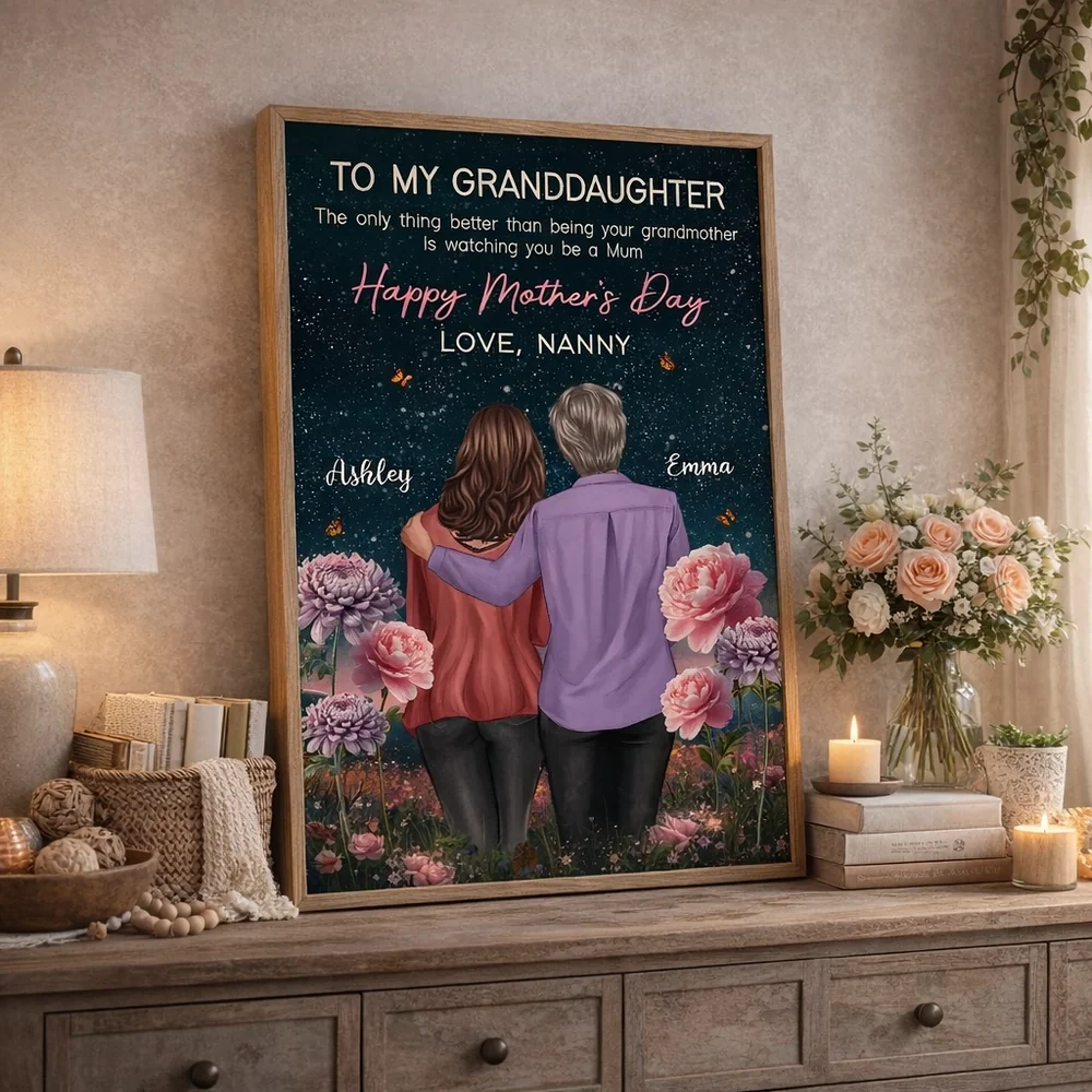 Personalized Mother's Day Poster for Granddaughter, Grandma and Granddaughter Hugging Under Starry Sky, Unique Gift