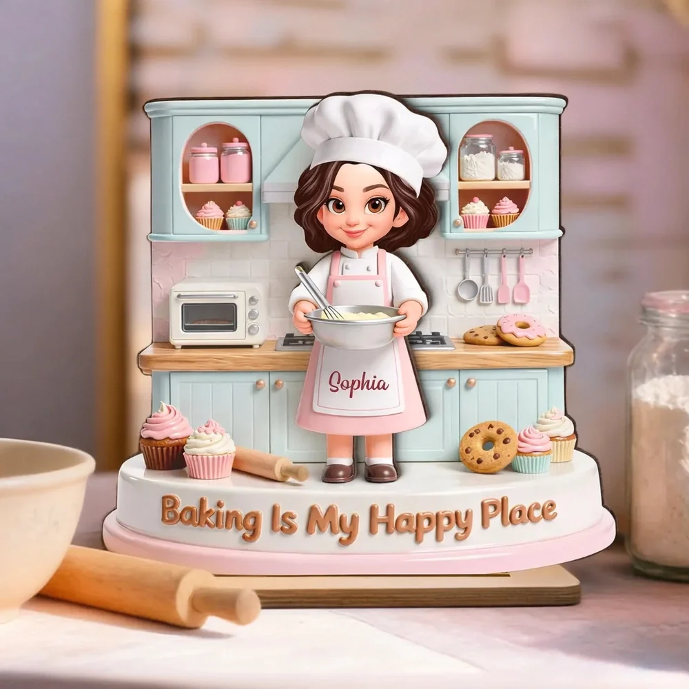 Personalized 2-Layer Wooden Plaque, Baking Is My Happy Place Cute Chef in Pastel Kitchen, Unique Gift for Mom or Grandma