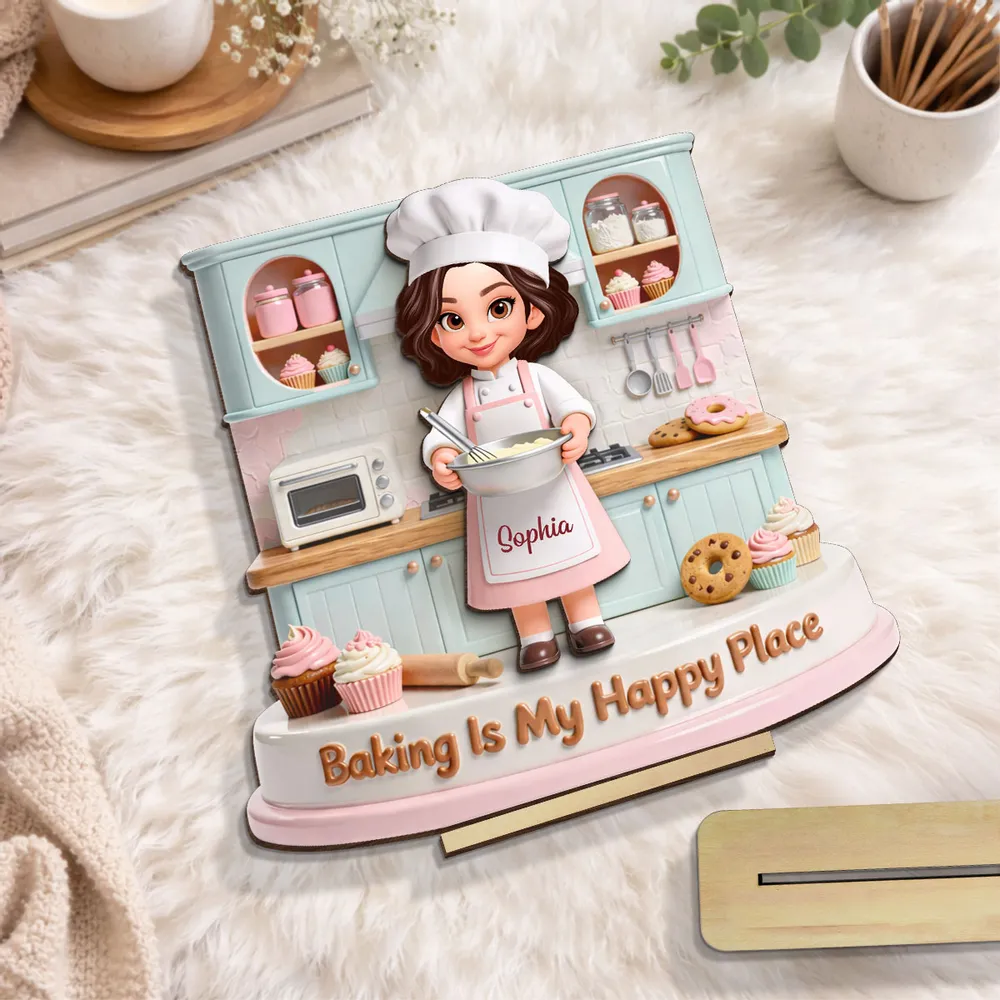Personalized 2-Layer Wooden Plaque, Baking Is My Happy Place Cute Chef in Pastel Kitchen, Unique Gift for Mom or Grandma - Image 8