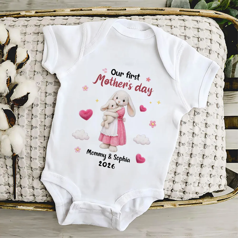Personalized Mother's Day Short Sleeve Baby Onesie with Bunny Mom & Baby, Sweet First Mother's Day Unique Gift - Image 4