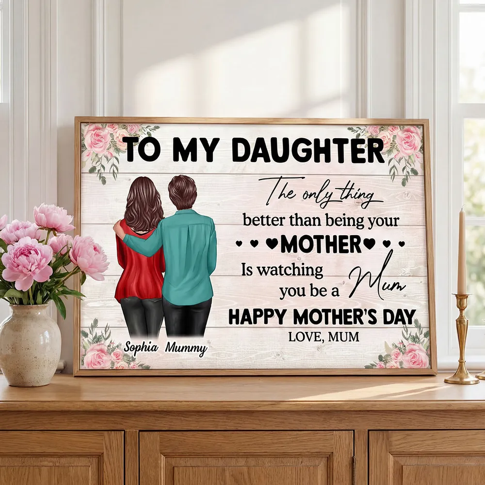 Personalized Mother's Day Message Poster with Mom and Daughter Hugging Illustration, Floral Wall Art, Unique Gift for Daughter - Image 4