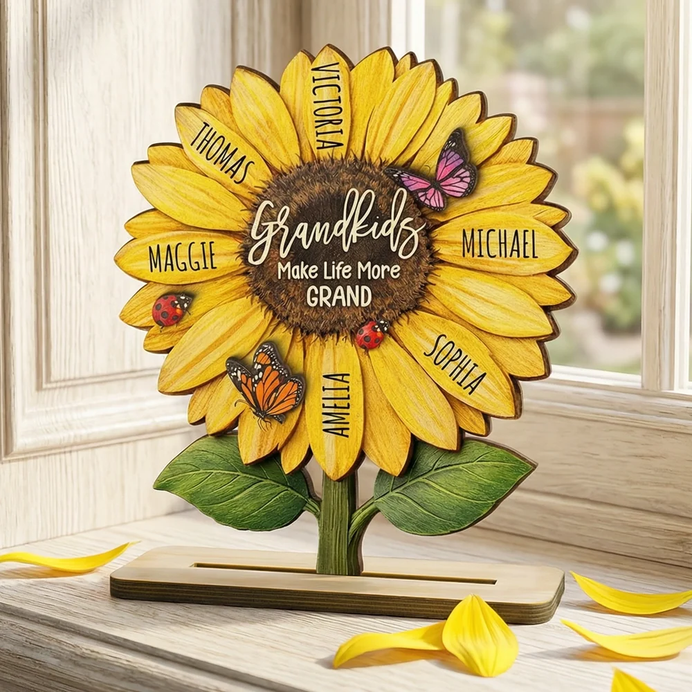 Personalized Sunflower 2-Layer Wooden Plaque for Grandma, Grandkids Make Life More Grand, Unique Gift for Her