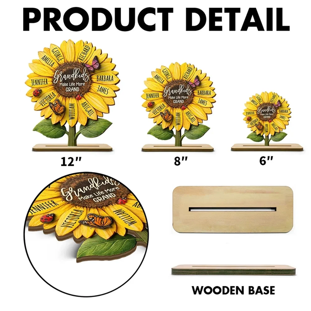 Personalized Sunflower 2-Layer Wooden Plaque for Grandma, Grandkids Make Life More Grand, Unique Gift for Her - Image 5