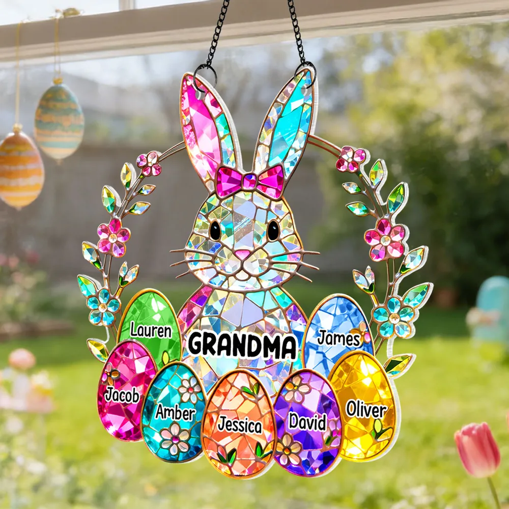 Acrylic Suncatcher Ornament Rainbow Bunny with Floral Wreath for Grandma Sunny Window Decor Unique Gift - Image 8