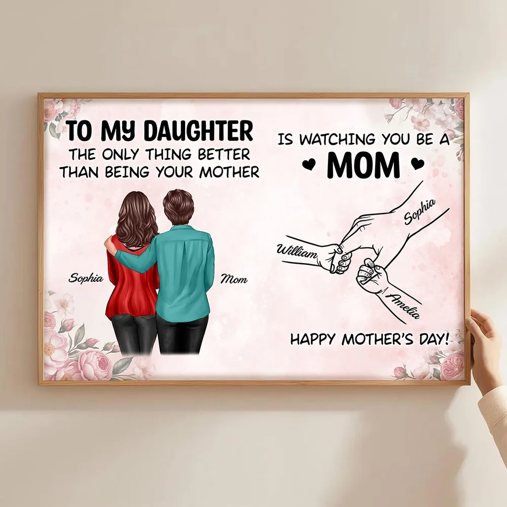 Personalized Mother's Day Poster, Mom and Daughter Hugging Wall Art, Soft Floral Modern Look, Unique Gift for Mom - Image 3