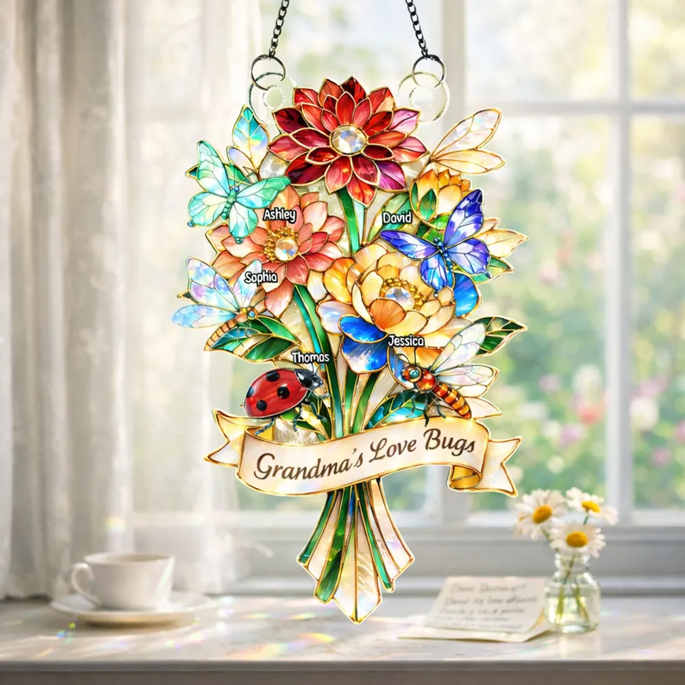 Personalized Acrylic Suncatcher Ornament Grandma's Love Bugs Bouquet for Window Decor, Unique Gift for Grandma