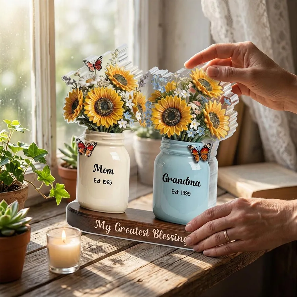 Personalized Shaped Acrylic Block Plaque with Sunflower Mason Jars, 'My Greatest Blessings' Unique Gift for Mom & Grandma - Image 3