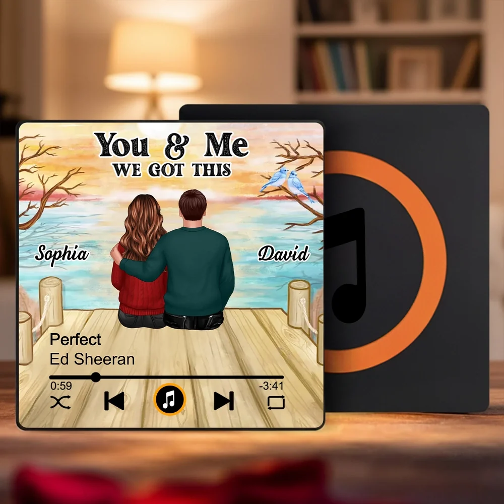 Personalized Acrylic Music Magnet with Couple Sitting by the Lake, You & Me We Got This, Unique Romantic Gift for Him or Her