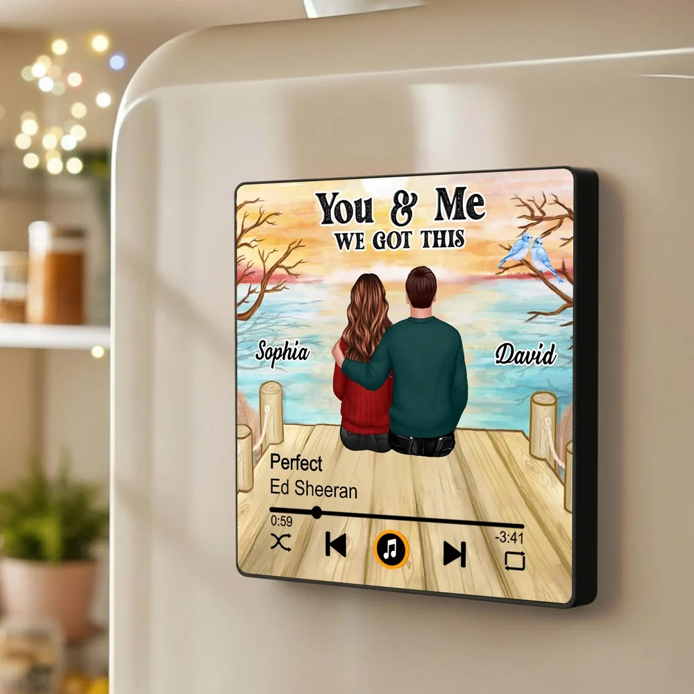 Personalized Acrylic Music Magnet with Couple Sitting by the Lake, You & Me We Got This, Unique Romantic Gift for Him or Her - Image 2