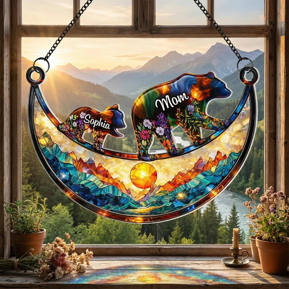 Personalized Mama Bear Acrylic Suncatcher Ornament, Colorful Stained Glass Style Window Decor, Unique Gift for Mom