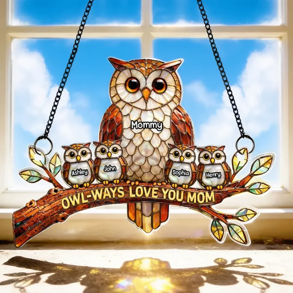 Owl-Ways Love You Mom Personalized Acrylic Suncatcher Ornament, Colorful Sun Catcher Window Decor, Thoughtful Gift
