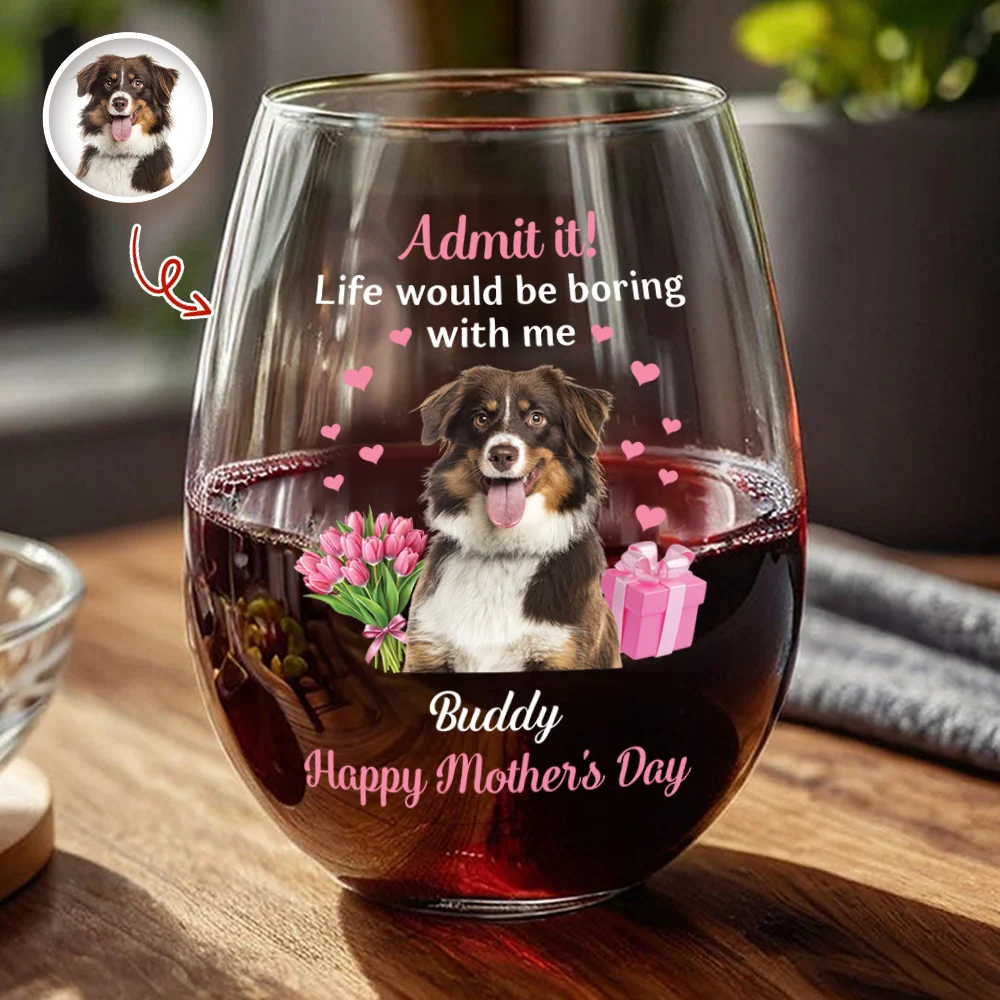 Personalized Pet Photo Wine Glass Admit It Life Would Be Boring With Me Cute Mother's Day Gift for Dog Moms - Image 2