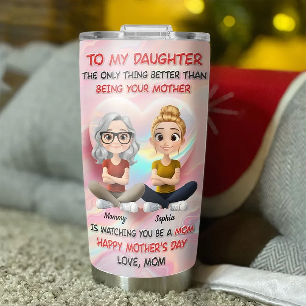 Personalized Insulated Travel Tumbler with Cute Mom and Daughter Cartoon, Heart Background, Unique Mother's Day Gift - Image 3