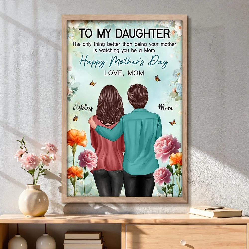 Personalized Mother's Day Poster, Mom and Daughter Hugging Back View Floral Wall Art, Unique Gift for Daughter from Mom