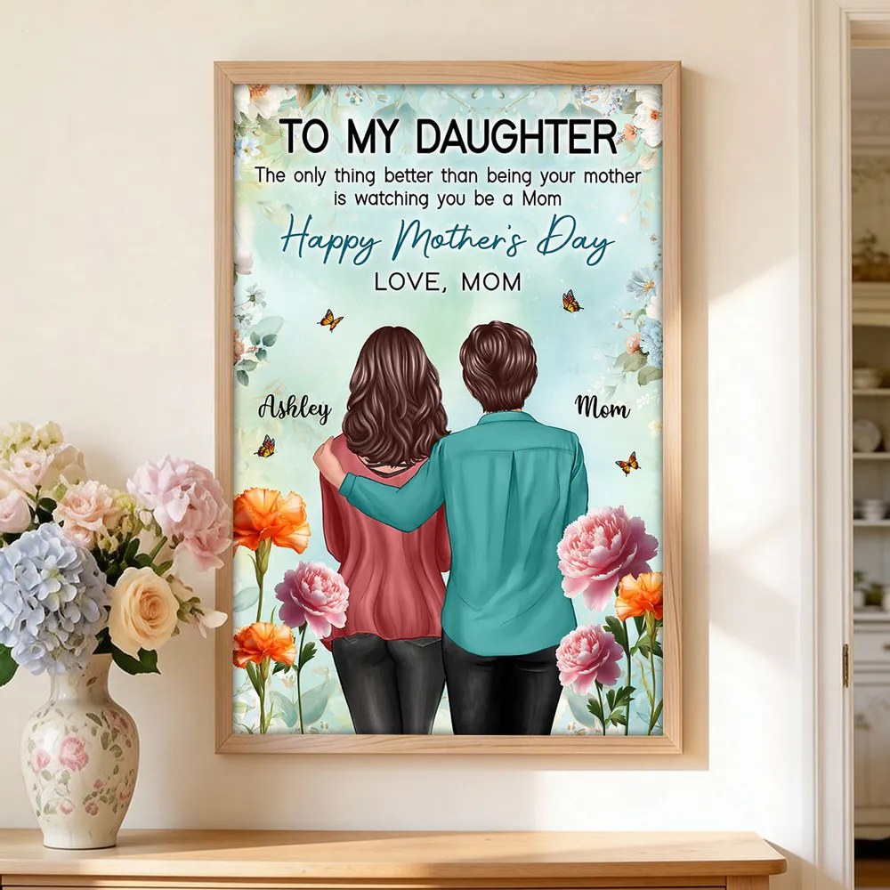 Personalized Mother's Day Poster, Mom and Daughter Hugging Back View Floral Wall Art, Unique Gift for Daughter from Mom - Image 2