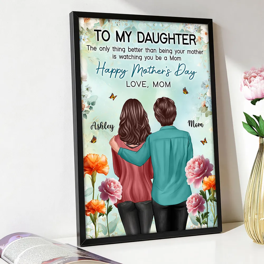 Personalized Mother's Day Poster, Mom and Daughter Hugging Back View Floral Wall Art, Unique Gift for Daughter from Mom - Image 3