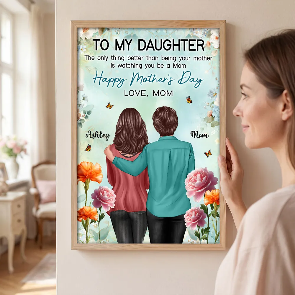 Personalized Mother's Day Poster, Mom and Daughter Hugging Back View Floral Wall Art, Unique Gift for Daughter from Mom - Image 6