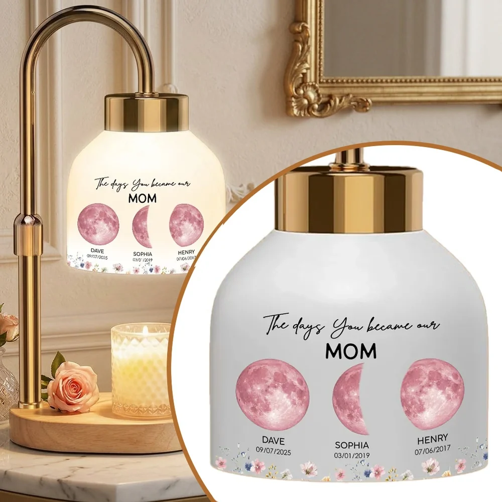 Personalized Moon Phase Candle Warmer Lamp for Mom - Custom Family Dates Night Light, Unique Mother's Day Gift