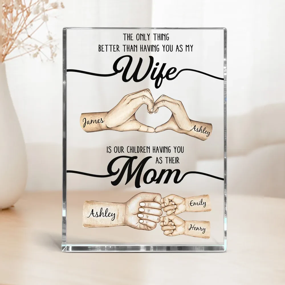 Rectangle Acrylic Block Plaque Personalized for Wife, Sweet Mom Keepsake with Hand Heart and Fist Bump Art, Unique Gift - Image 2