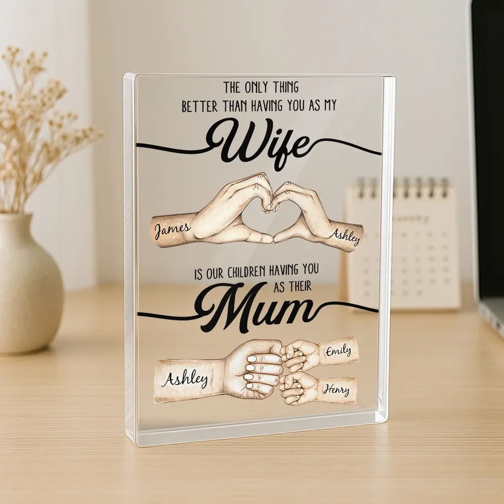 Rectangle Acrylic Block Plaque Personalized for Wife, Sweet Mom Keepsake with Hand Heart and Fist Bump Art, Unique Gift - Image 3